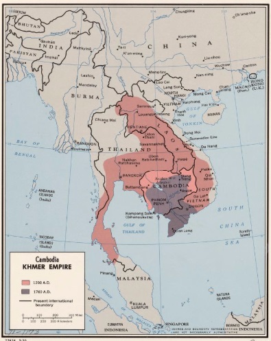 The empire, which grew out of the former kingdoms of Funan and Chenla. The beginning of the era of the Khmer Empire is conventionally dated to 802-1431 CE (Common Era). This map was drawn by historians. Photo: SUPPLIED